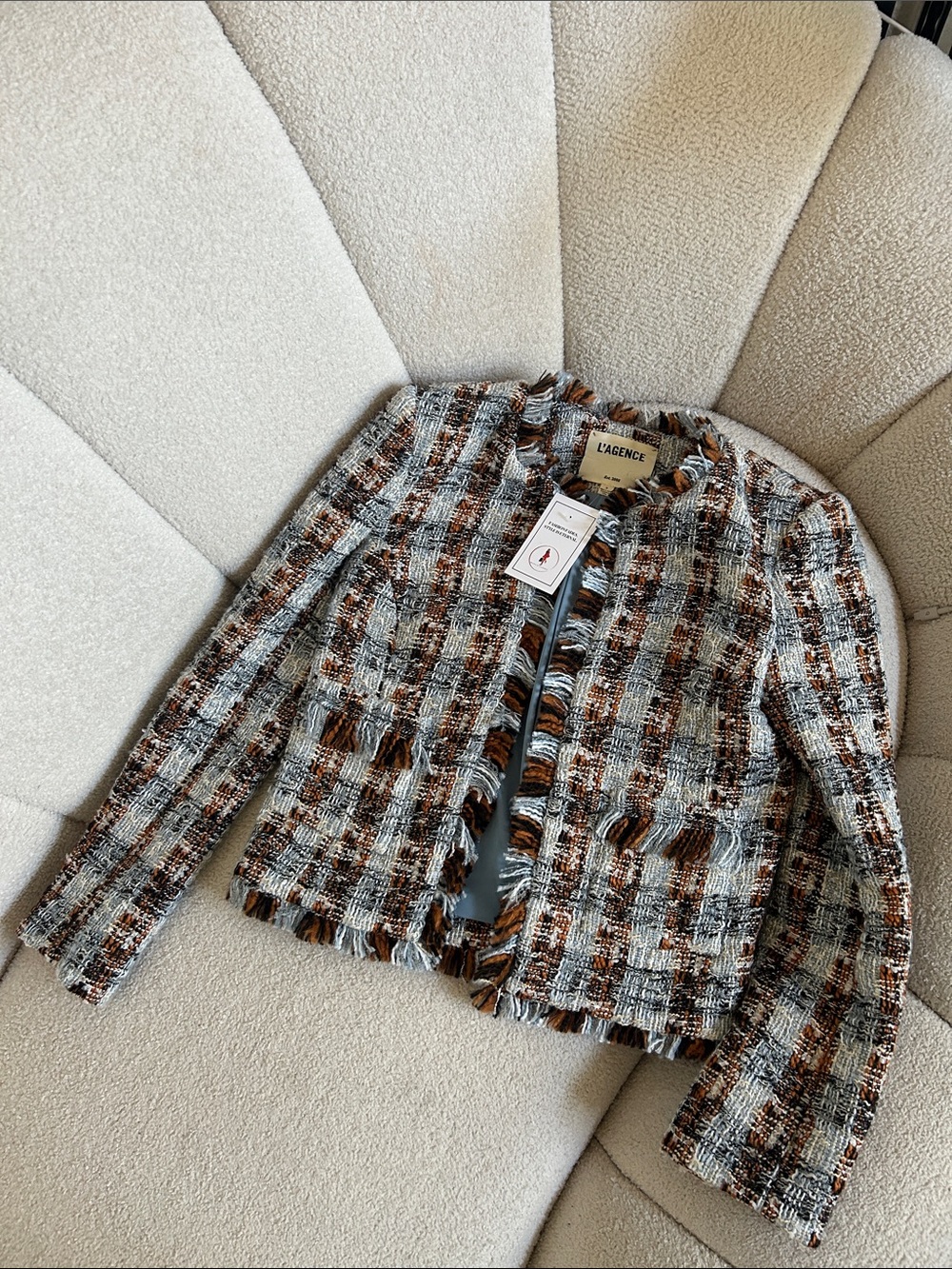 Fringed Tweed Open-Front Jacket - White & Gold Plaid